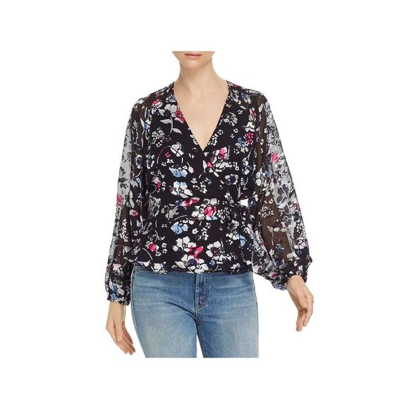 PARKER Womens Black Floral Long Sleeve V Neck Top XS